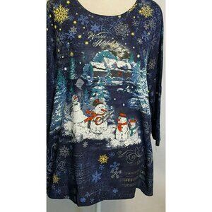 Womens T Shirt 1X Snowmen Snowflakes Embellished i.b.diffusion 3/4 Sleeve Blue